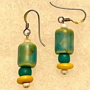 Estate Sterling Silver Ceramic Beaded Earrings Earthy Boho Gorpcore Geometric